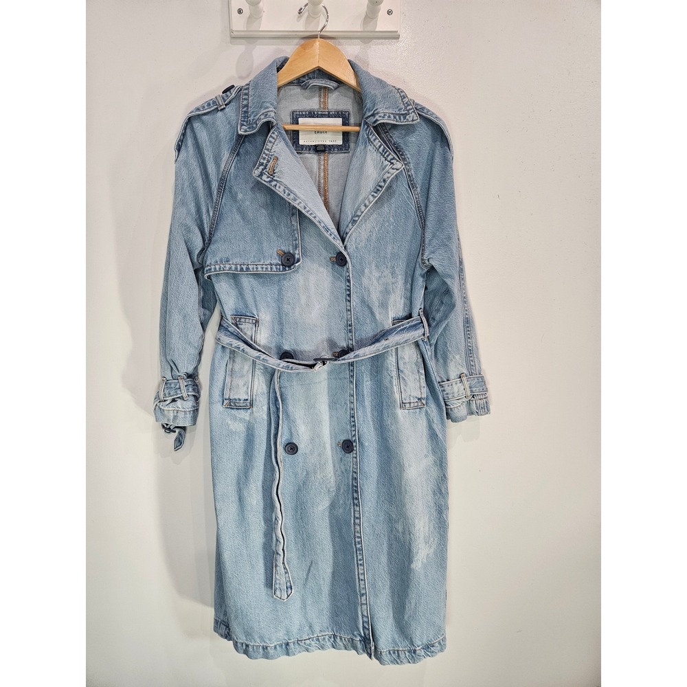 American Eagle Women Light Wash Denim Trench Coat Belted Double Breasted XS